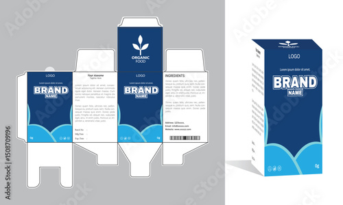 Modern product packaging design with branding, logo placement, and informative layout on a box template.	