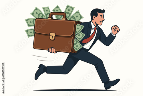 Successful businessman running fast, holding a brown briefcase overflowing with dollar bills, representing the chase for wealth, financial success, and investment profit vector.