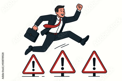 Determined businessman in suit leaping over warning signs, symbolizing overcoming business challenges, risk management, and achieving success through bold action. Vector illustration.