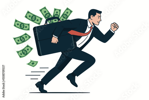 Businessman running fast with a briefcase overflowing with dollar bills, vector illustration representing financial success, ambition, investment growth, and chasing wealth quickly.