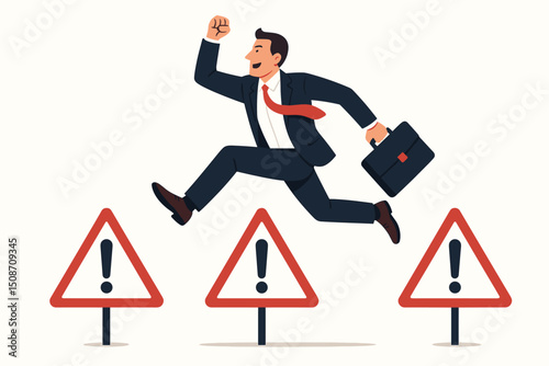 Successful businessman with briefcase leaps boldly over red warning sign obstacles, illustrating proactive risk management, navigating business challenges, and achieving career success.
