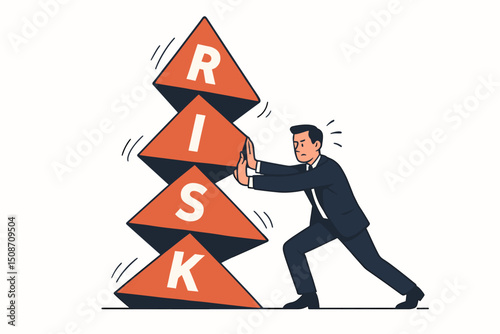 Vector illustration of a corporate manager preventing a stack of RISK blocks from collapsing. Metaphor for business risk management, financial crisis prevention, and strategic stability.