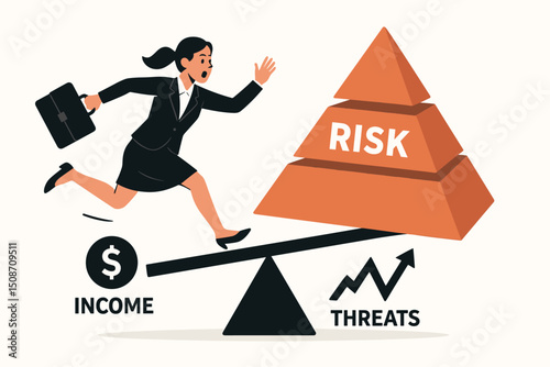 Businesswoman Balancing Income and Financial Risk on a Seesaw Vector Illustration, Representing Investment Strategy, Market Threats, and Career Challenges Management