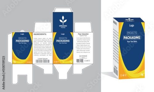Modern product packaging design with branding, logo placement, and informative layout on a box template.	