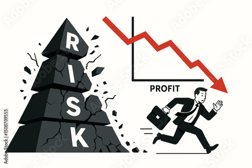 Vector illustration of a businessman running away from collapsing risk blocks and a falling profit chart. Concept symbolizing financial crisis escape, investment loss, and market downturn avoidance.