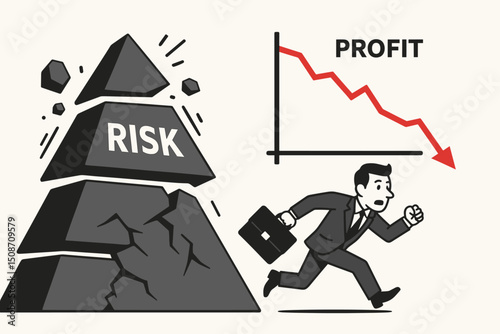 Financial risk escape concept vector art: Panicked businessman flees collapsing pyramid labeled risk and plunging profit graph, representing economic crisis and investment failure.