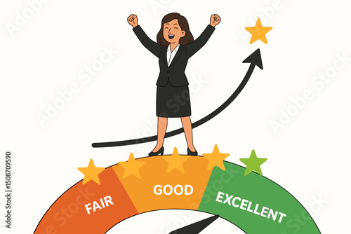 Vector graphic of happy businesswoman reaching peak performance, standing on evaluation scale showing excellent result, symbolizing success, achievement, and high satisfaction.