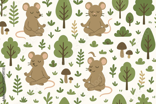 Whimsical Forest Seamless Pattern Featuring Cute Brown Mice in Meditative Yoga Pose, Surrounded by Stylized Trees and Mushrooms, Vector Background for Kids & Wellness.