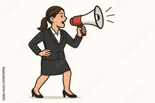 Dynamic businesswoman character in suit using a loudhailer megaphone to make an important announcement. Vector art for business communication, marketing, leadership, or public relations concepts.