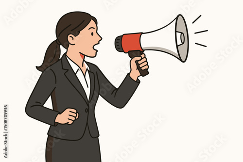 Vector Illustration of a Determined Businesswoman in a Suit Using a Megaphone to Broadcast a Message, Speak Out, Announce Promotions, or Lead a Protest. Communication Concept.