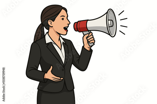 Dynamic businesswoman cartoon character holding a megaphone, making a loud announcement or statement. Ideal for business presentations, marketing materials, or activism graphics.
