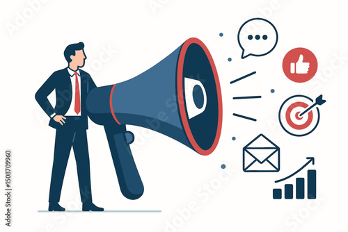Corporate leader amplifying marketing message with megaphone. Flat vector concept for business promotion, advertising campaign, communication strategy, social media outreach, and growth.