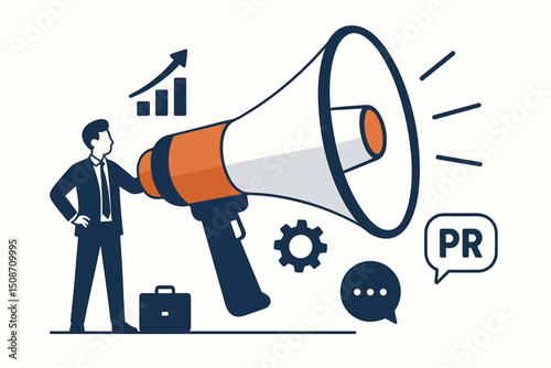 Flat vector illustration of a businessman holding a megaphone for marketing strategy, PR announcement, and business promotion. Conceptual graphic for communication and growth.