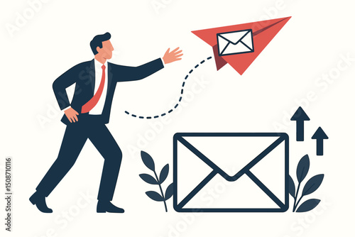 Businessman launching red paper plane with email icon for digital marketing campaign, newsletter outreach, online communication strategy, and message delivery vector concept.