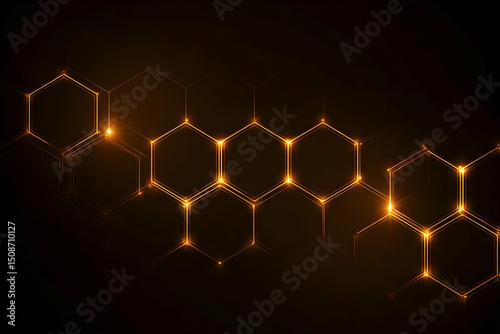 Glowing hexagonal grid with orange light on dark background, futuristic digital backdrop with illuminated honeycomb pattern and abstract tech concept.