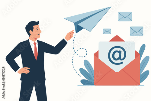 Businessman sending email campaign represented by paper airplane flying to @ symbol in envelope. Vector illustration for digital marketing, communication strategy, business newsletter, and outreach.