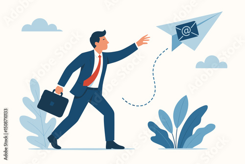 Businessman launching email paper plane for digital marketing campaign outreach strategy. Flat vector illustration of corporate communication and sending messages online for business growth.