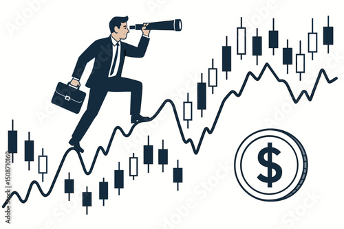 Stock market analysis vector illustration. Businessman climbs financial graph with candlestick patterns, using telescope to forecast investment trends, profit, and economic outlook.