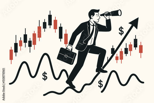 Stock market analysis concept with businessman looking through telescope at rising arrow graph and candlestick chart. Financial forecast, investment strategy, and profit growth vector.
