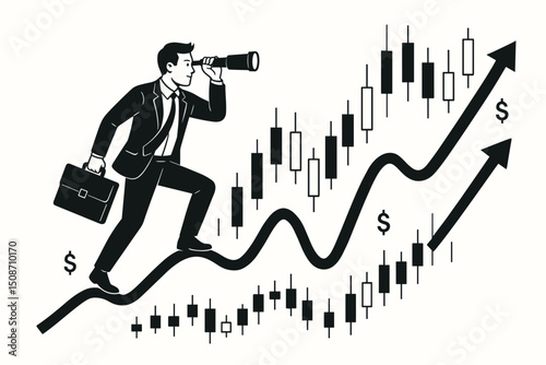 Investor businessman searching for future profit on rising stock exchange candlestick chart. Financial success, market analysis, and foresight metaphor. Monochrome vector graphic.