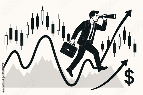 Vector illustration of businessman climbing upward financial chart with telescope, analyzing candlestick patterns for stock market investment forecast, growth, and profit opportunity.