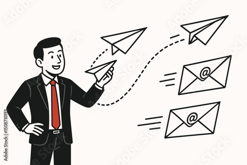 Line art vector illustration of businessman sending email marketing campaign messages via paper airplanes. Simple doodle concept for digital communication, newsletters, and business outreach.