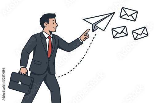 Businessman sending email marketing campaign newsletter with paper airplane and envelopes vector illustration. Minimalist concept art for digital communication strategy and outreach.