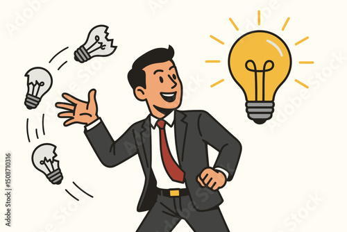 Innovation and Problem Solving Vector: Businessman Brainstorms, Tossing Broken Lightbulbs for a Brilliant Idea, Finding Success through Creative Thinking Process Illustration