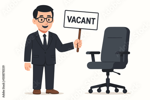 Businessman holding a vacant sign next to an empty office chair vector illustration symbolizing a job opening, the recruitment process, hiring opportunities, and career employment.