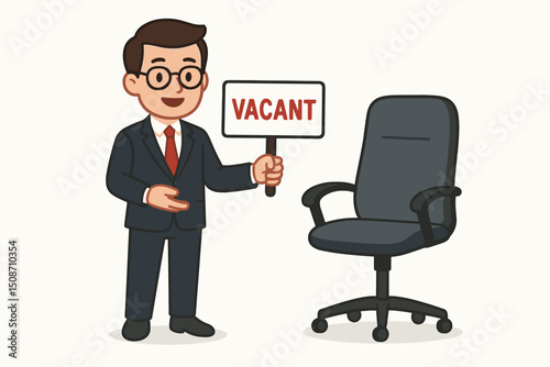 Vector illustration of a friendly businessman holding a 'Vacant' sign, standing near an empty office chair. Represents job opening, hiring process, recruitment, and employment opportunity.