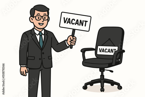 Human resources concept vector illustration showing a manager announcing a job vacancy with a sign next to an empty office chair, depicting recruitment and hiring for a new position.