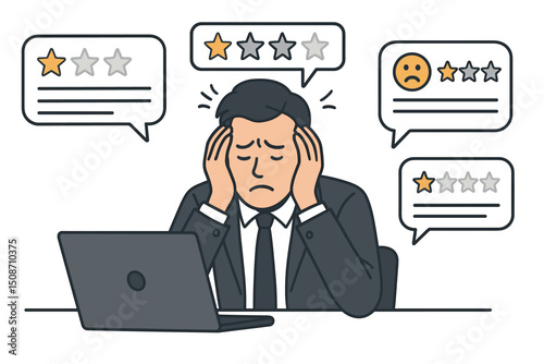 Stressed businessman overwhelmed by negative online customer reviews and low star ratings, feeling frustrated at his laptop with poor feedback bubbles surrounding him.