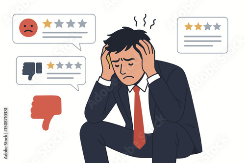 Overwhelmed businessman sits stressed by bad online reviews, low star ratings, and negative customer feedback. Reputation management failure concept vector art.