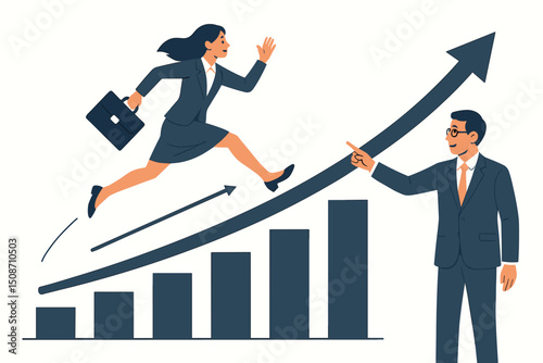 Vector illustration showing ambitious businesswoman making a career leap up an ascending growth chart, guided by a male mentor, symbolizing success, progress, and empowerment.