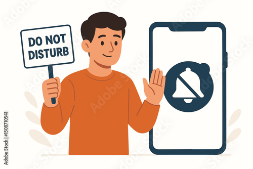 Digital detox concept vector art: Man with 'Do Not Disturb' sign silences smartphone notifications for mental wellness, promoting focus, quiet mode, and unplugging from distractions.