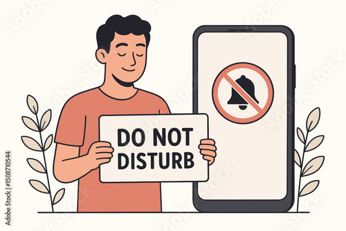 Vector illustration of a calm man holding a 'Do Not Disturb' sign next to a mobile phone with notifications disabled, symbolizing digital detox and focus time for well-being.