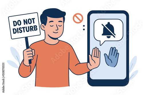 Peaceful man practicing digital detox, holding 'Do Not Disturb' sign and silencing smartphone alerts. Vector concept for mindfulness, focus, reducing screen time, no notification.