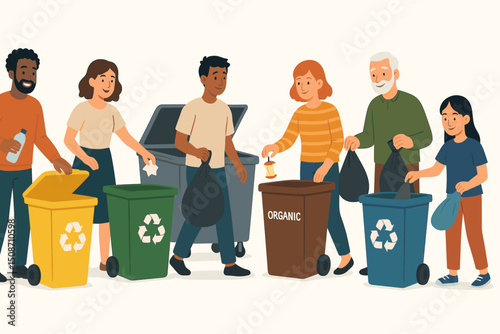 Environmentally conscious diverse group sorting waste. People putting plastic, paper, organic, and general trash into correct bins for recycling and disposal. Community illustration.