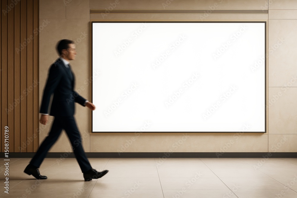Businessman walking past large blank billboard in modern interior with clean wall background and light for advertising or branding mockup concept. Businessman walking past large blank billboard in modern interior with clean wall background and light for advertising or branding mockup concept.