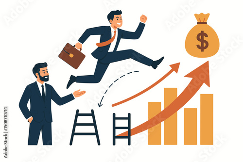 Businessman leaping over obstacles towards financial success on a rising bar chart graph, illustrating career growth, ambition, and achieving monetary goals with mentorship.