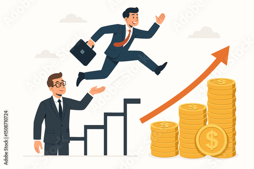 Corporate teamwork and mentorship concept: Businessman leaps forward on a career path helped by a partner, jumping towards financial growth symbolized by coins and an upward trend arrow.