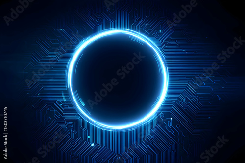 Neon light blue circle portal with electronics elements and wires are on a futuristic technology circuit board. Technology sky-fi background. Round glowing HUD with space for text. Vector tech bg