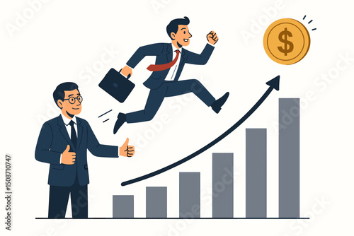 Ambitious businessman jumps towards financial goal on a growth graph, celebrating career success and achievement with mentor support shown by thumbs up gesture vector graphic.