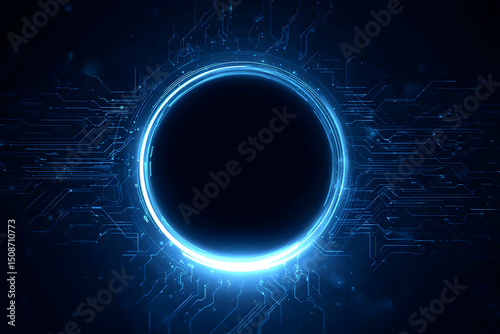 Neon light blue circle portal with electronics elements and wires are on a futuristic technology circuit board. Technology sky-fi background. Round glowing HUD with space for text. Vector tech bg