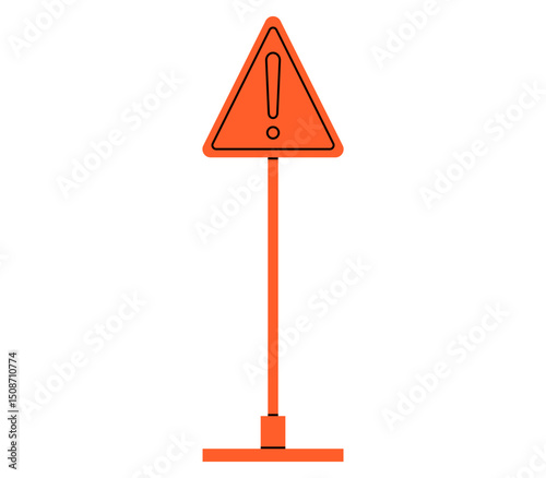 Hand drawn cute cartoon illustration of triangle warning sign. Flat vector road warning or caution symbol with exclamation mark doodle. Under construction. Attention or caution icon. Isolated.