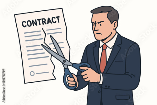 Upset businessman terminating a business contract, cutting the paper document with large scissors. Concept illustration for agreement cancellation, breach, partnership dissolution.