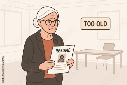 Elderly woman holding resume feels rejected due to ageism during job search. Vector illustration depicts senior unemployment struggles, age discrimination, and feeling "too old" for office work.