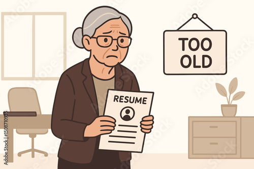Sad elderly woman holding resume faces age discrimination in job search illustration, concept of ageism and rejection in the workplace for seniors, "Too Old" sign hangs in office.