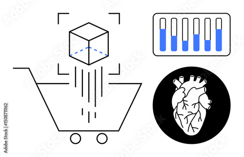 Shopping cart with a 3D cube, heart icon, and test tubes, representing e-commerce, healthcare, and science innovation. Ideal for technology, retail, biotech medical futurism education simple