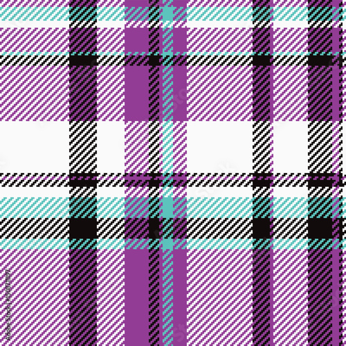 Vibrant purple, teal, black, and white plaid pattern.  Perfect for textile design, fashion, website backgrounds, or any project needing a bold geometric texture.
